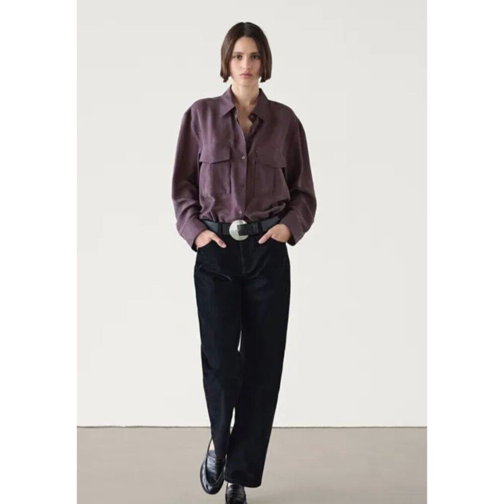 Massimo Dutti Womens Silk Blouse Button Up Shirt M Purple Pockets 5196/670 NWT
